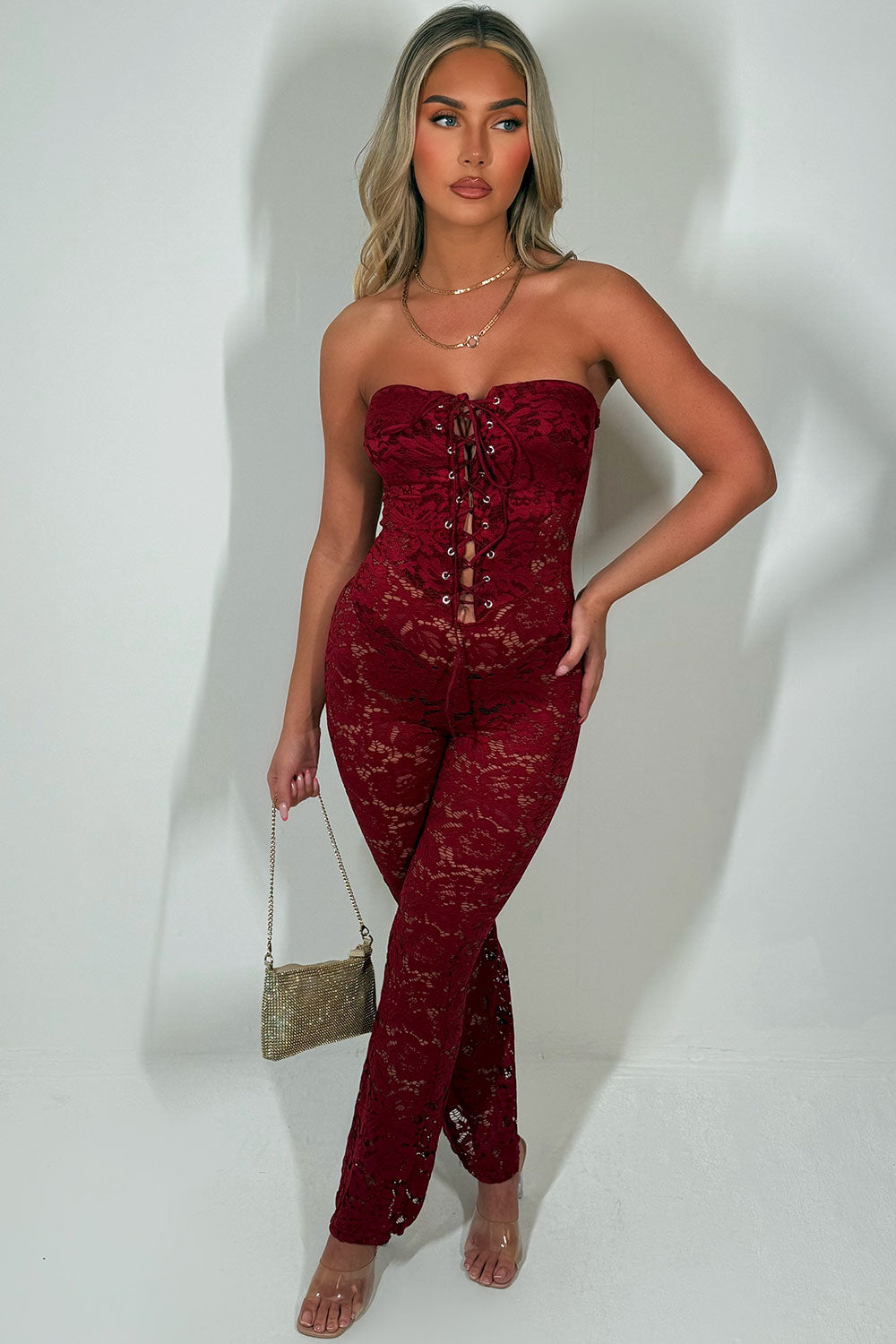 lace jumpsuit with skinny flared legs