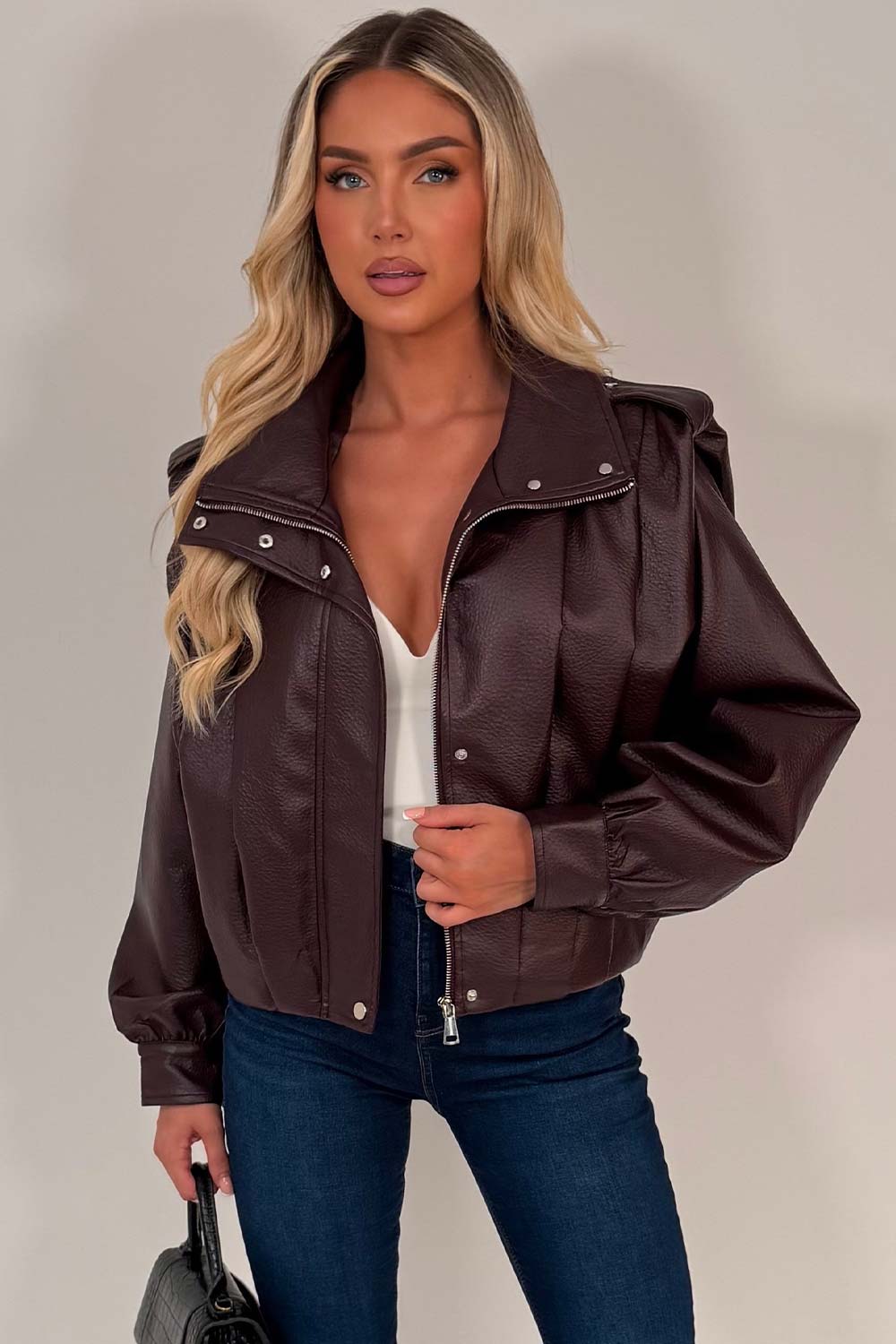 womens burgundy leather look bomber jacket premium quality