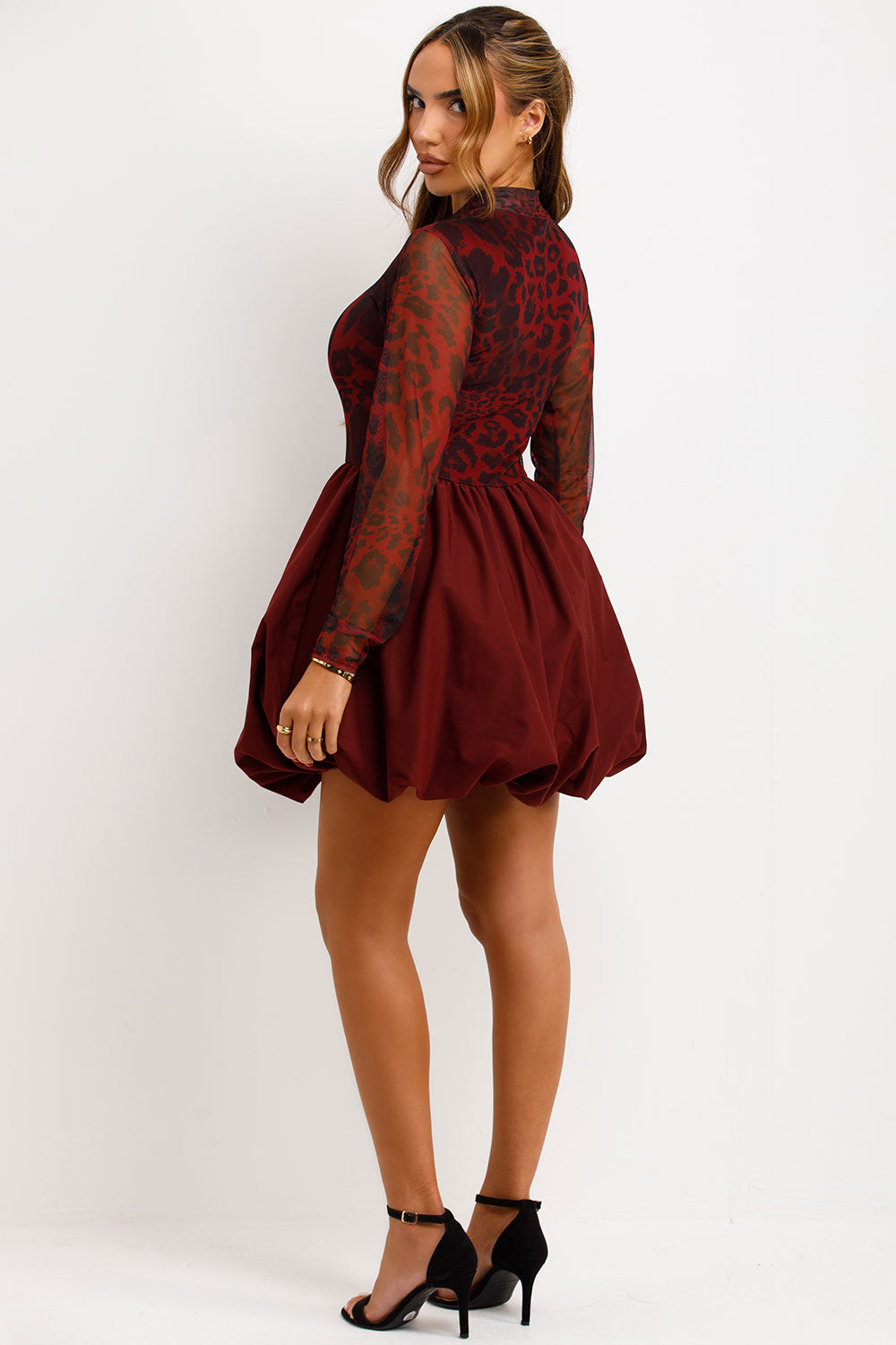 leopard print lace puffball dress with long sleeves