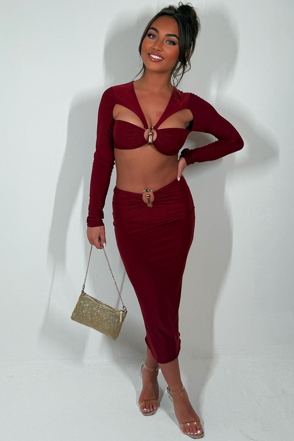 cut out long sleeve crop top and maxi skirt with gold buckle set going out festival outfit set