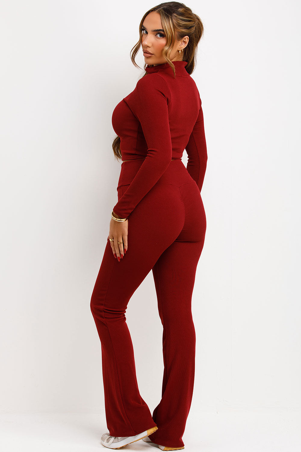 long sleeve crop top and skinny flare ruched bum trousers loungewear co ord