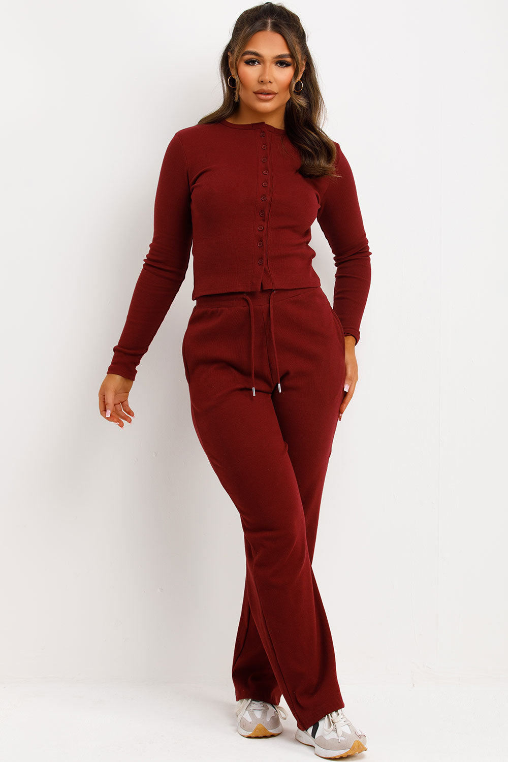 molly mae button up top and trousers co ord set burgundy