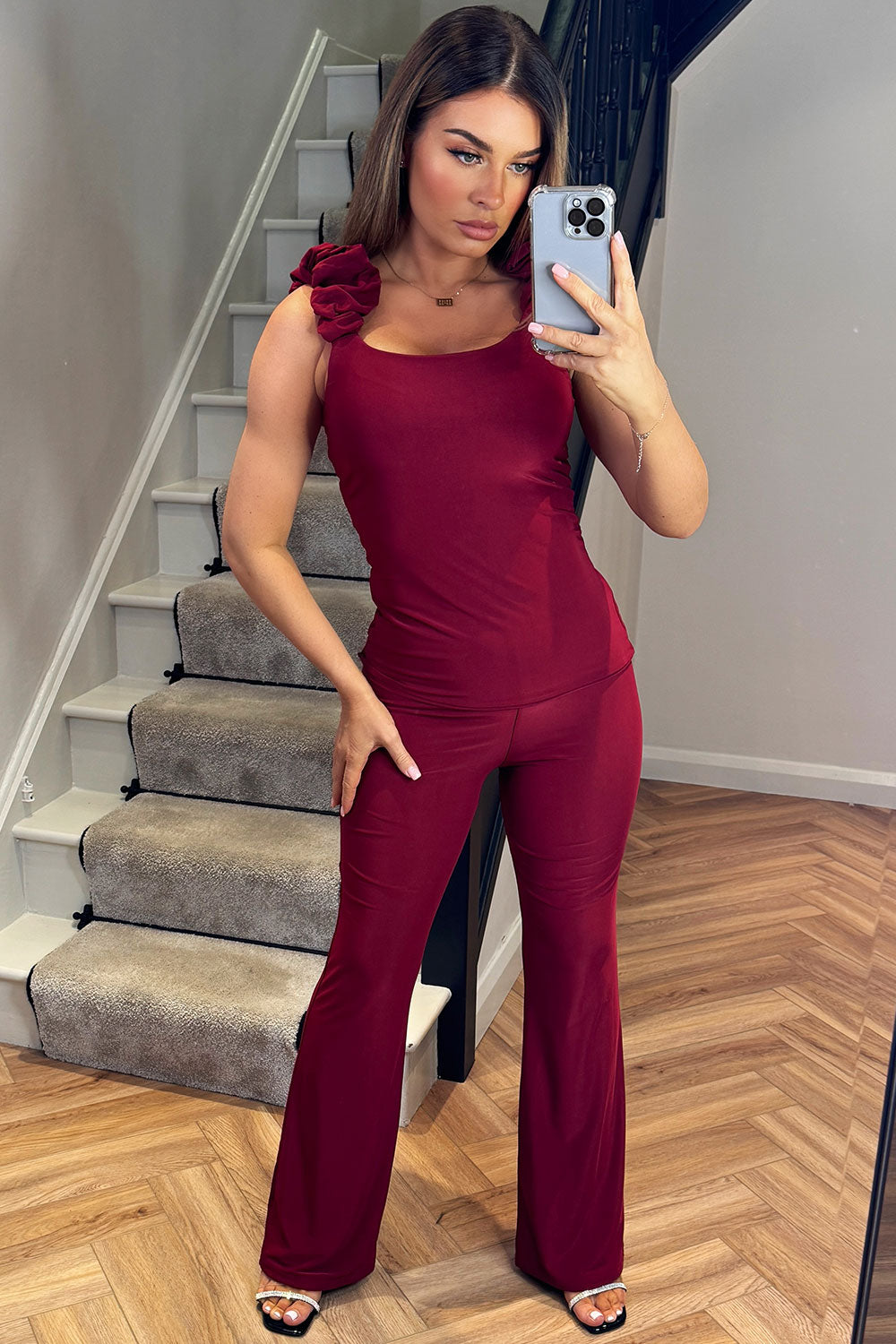 burgundy double lined skinny flare trousers and ruched gathered shoulder top two piece christmas outfit