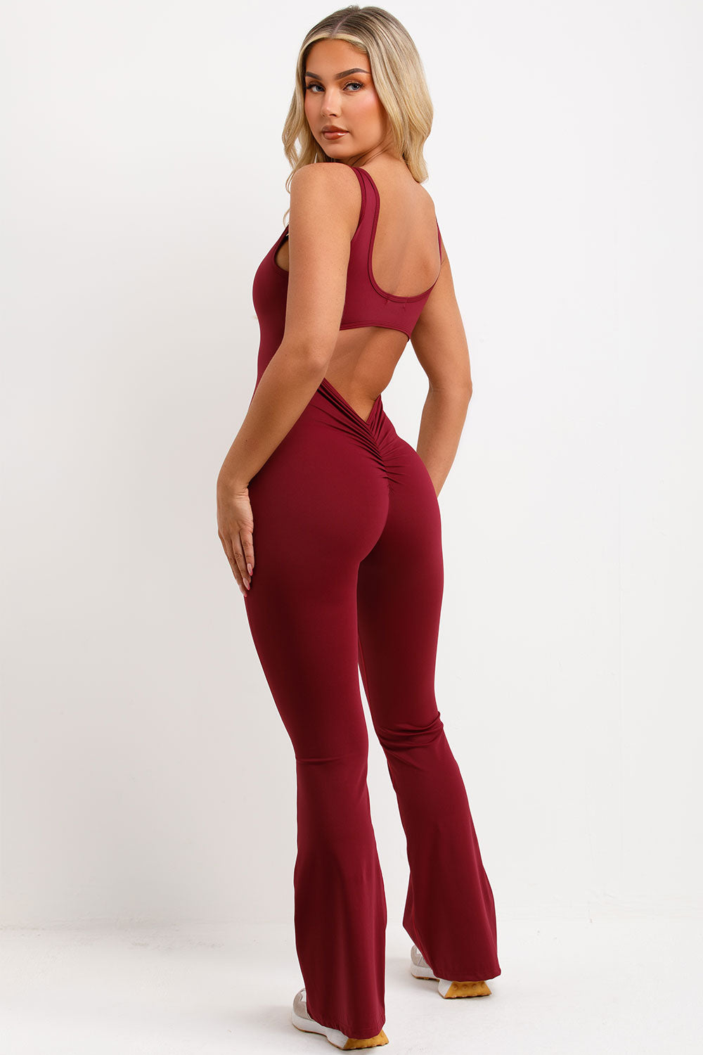 burgundy red flare leg jumpsuit unitard booty lifting