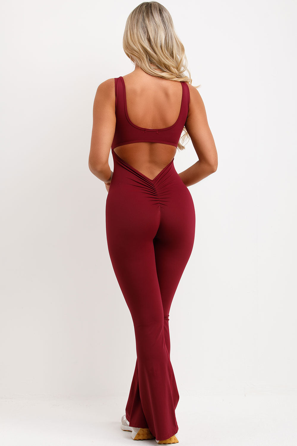 flare leg jumpsuit with ruched bum burgundy red