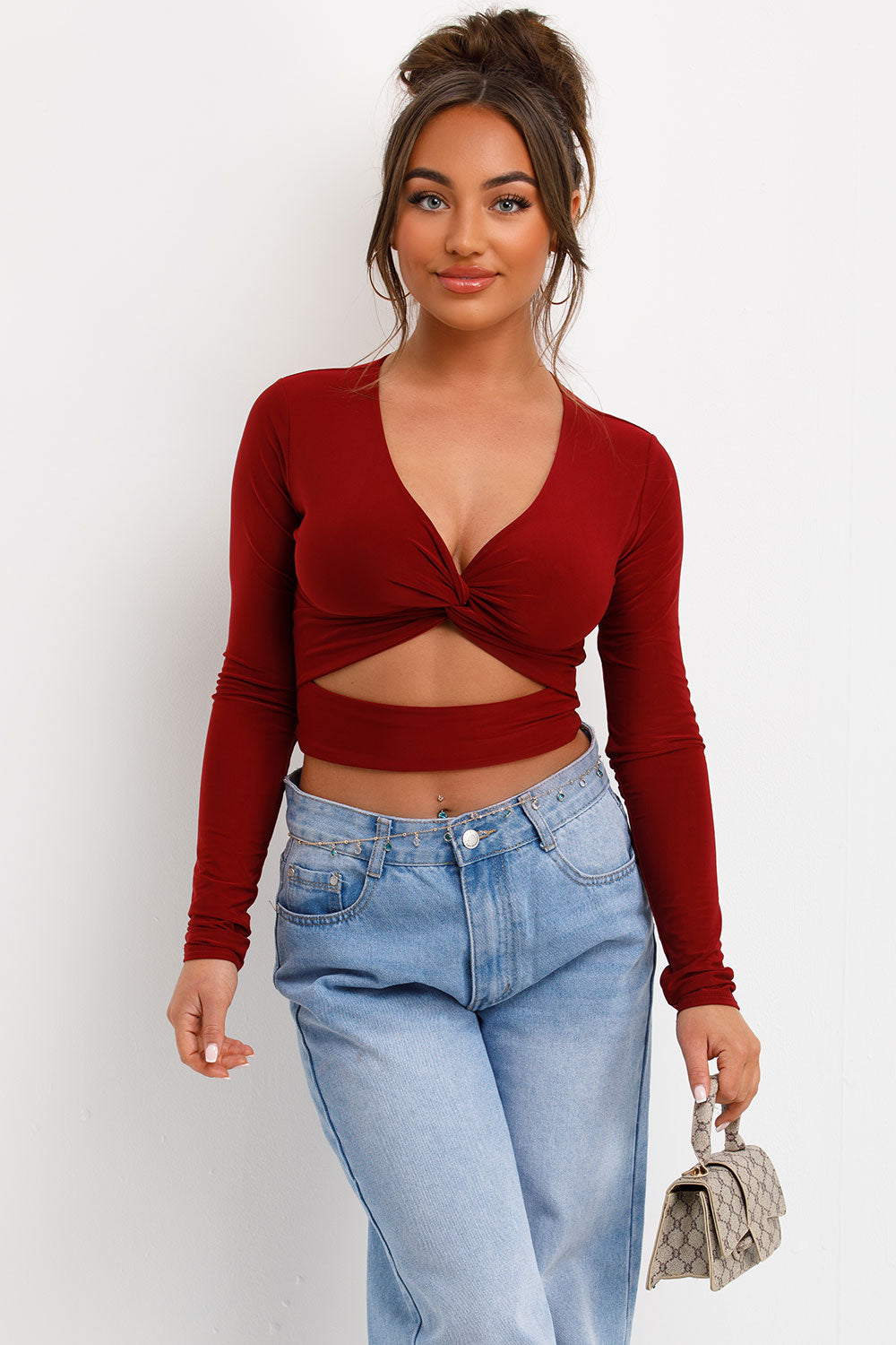 going out cut out long sleeve burgundy festival rave top styledup