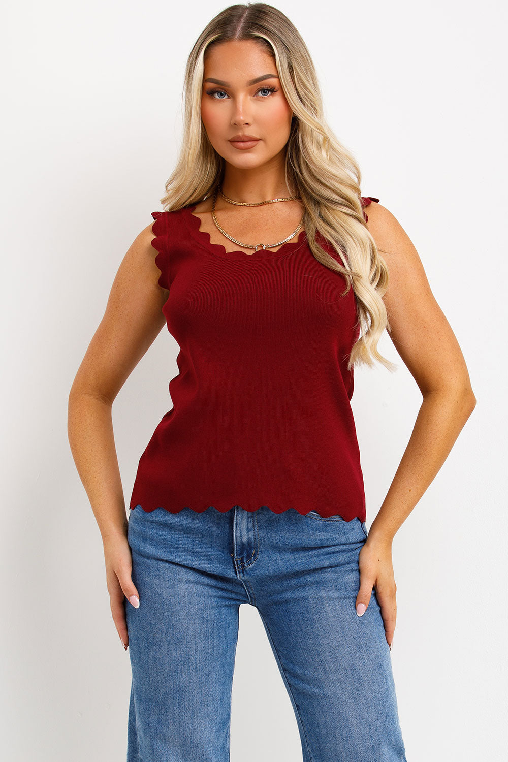 knitted vest top for womens with scalloped neck