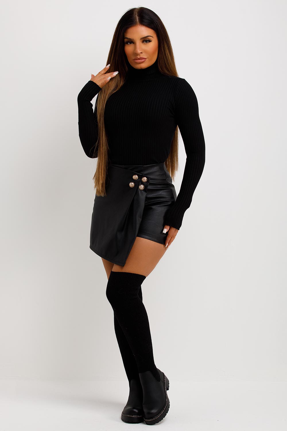 womens faux leather shorts with gold buttons and wrap detail