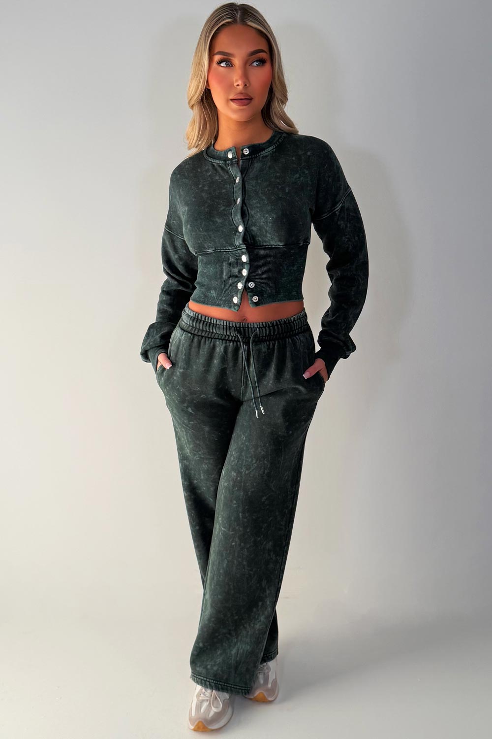 womens acid wash crop compress waist button up sweatshirt and wide leg jogger two piece tracksuit set loungewear co ord