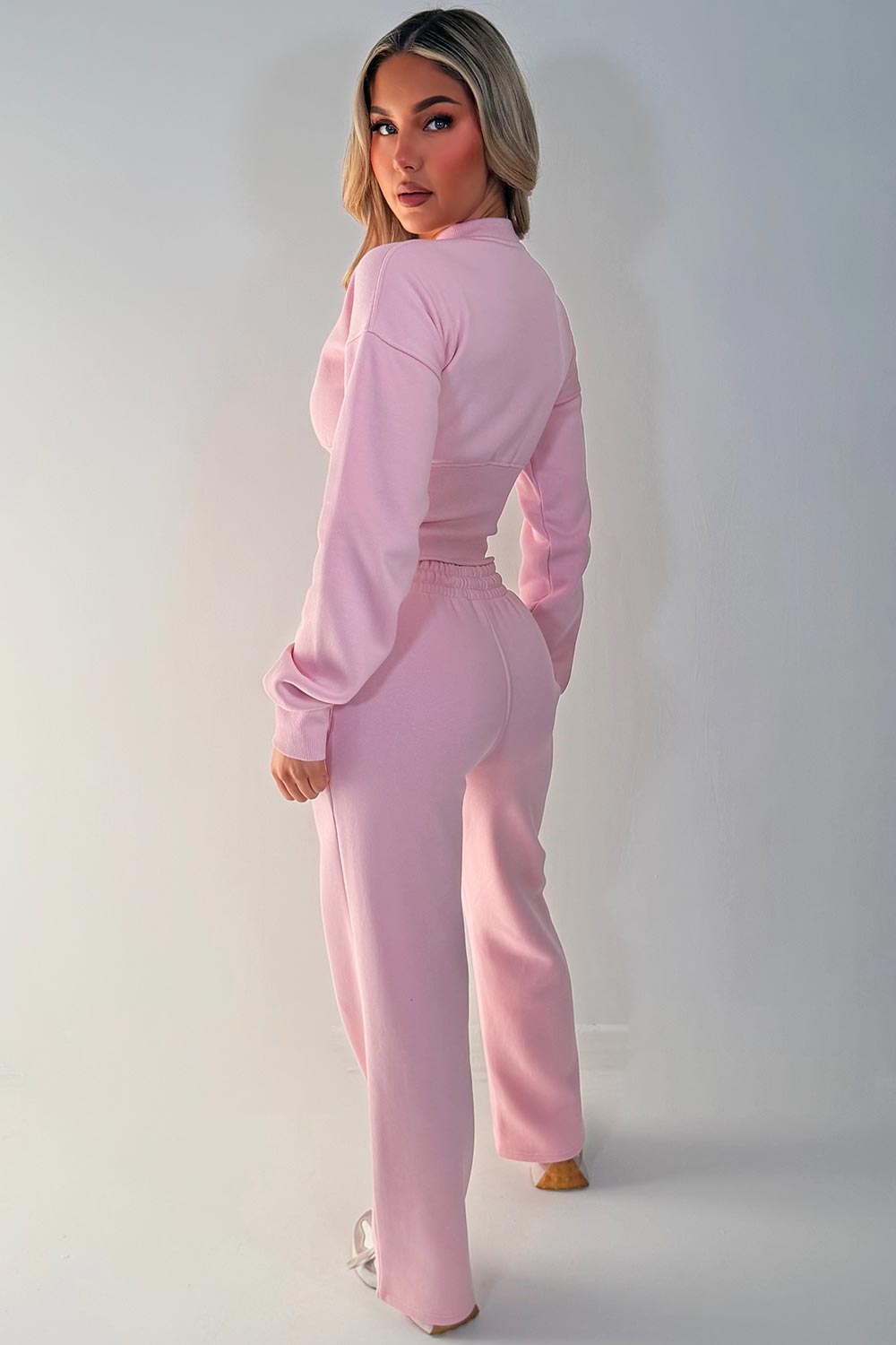 womens crop compress waist button up sweatshirt and wide leg jogger two piece tracksuit set loungewear co ord