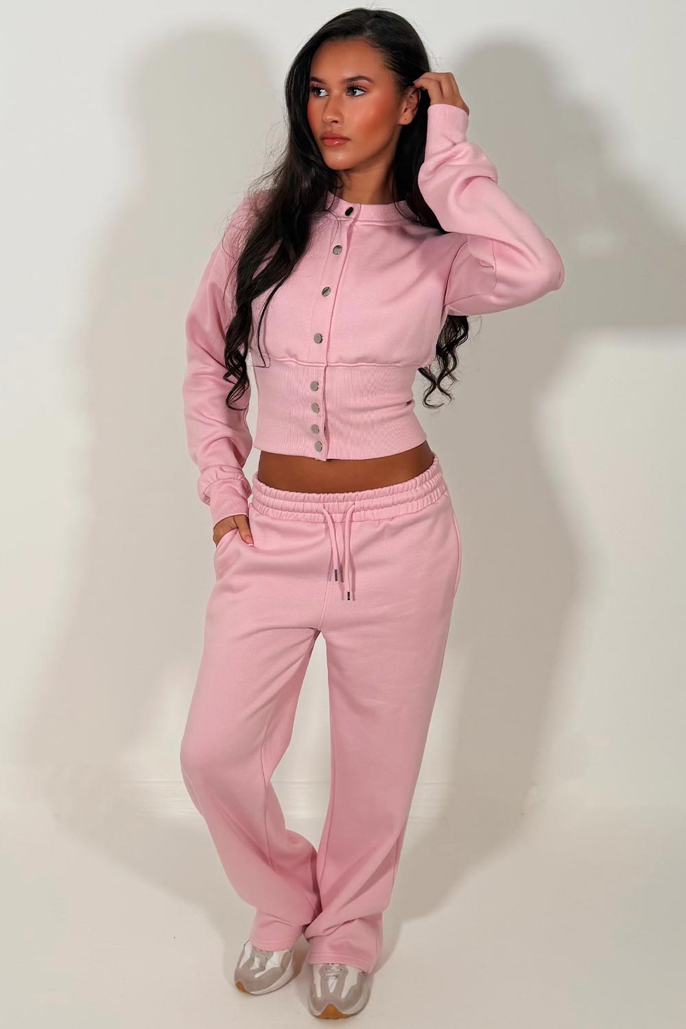 womens button up waist compress crop sweatshirt and joggers loungewear co ord set styledup casual comfy airport outfit set
