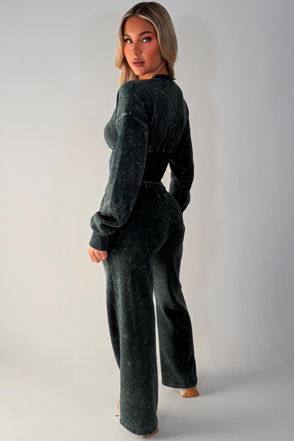 womens button up waist compress crop sweatshirt and joggers loungewear co ord acid wash set styledup casual comfy airport outfit set