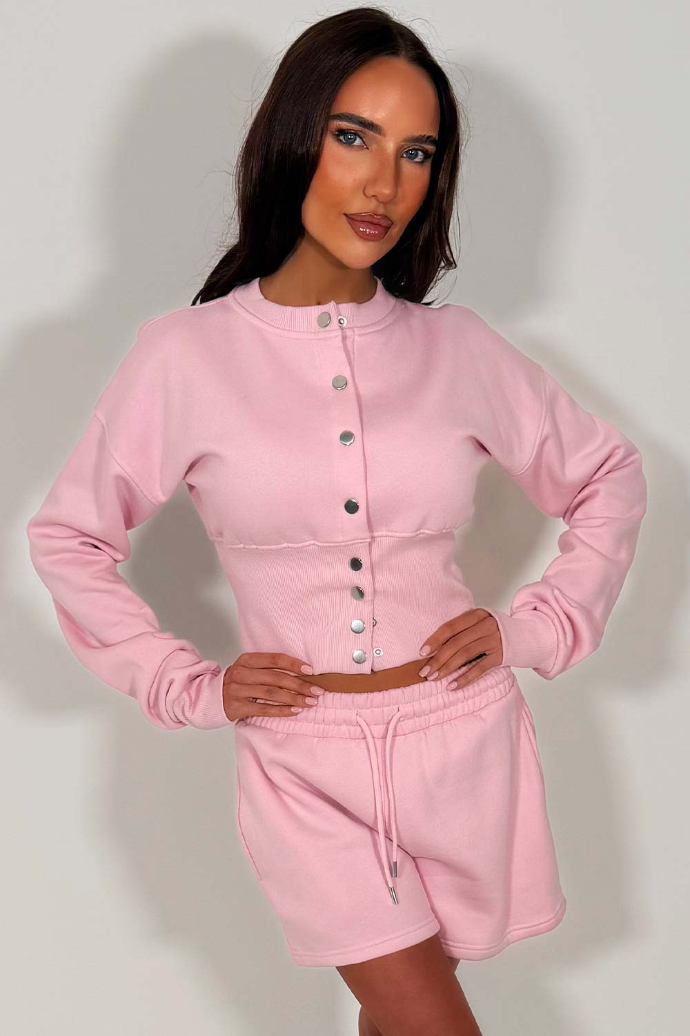 crop corset compress waist sweatshirt and shorts co ord set airport summer holiday outfit set whitefox uk