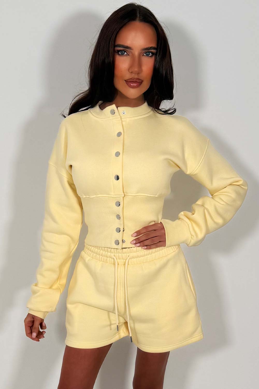 crop corset compress waist sweatshirt and shorts co ord set airport summer holiday outfit set whitefox uk