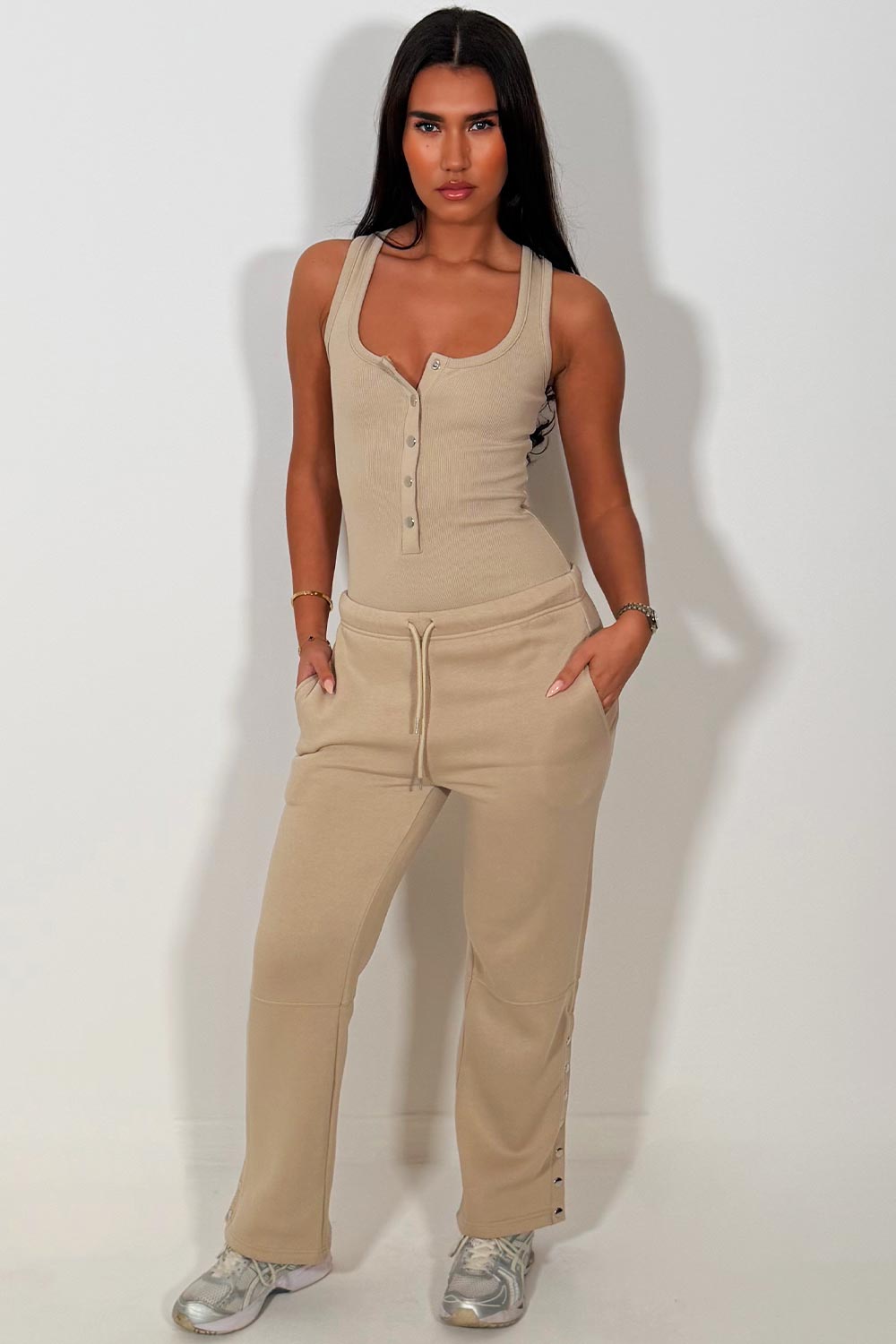 womens wide leg joggers and top two piece loungewear co ord set casual outfit for uni college work in beige colour