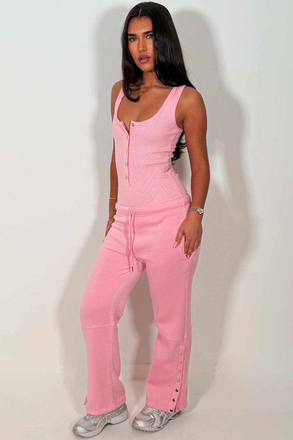 womens button up detail wide leg joggers and ribbed bodysuit top two piece loungewear co ord set pink styledup