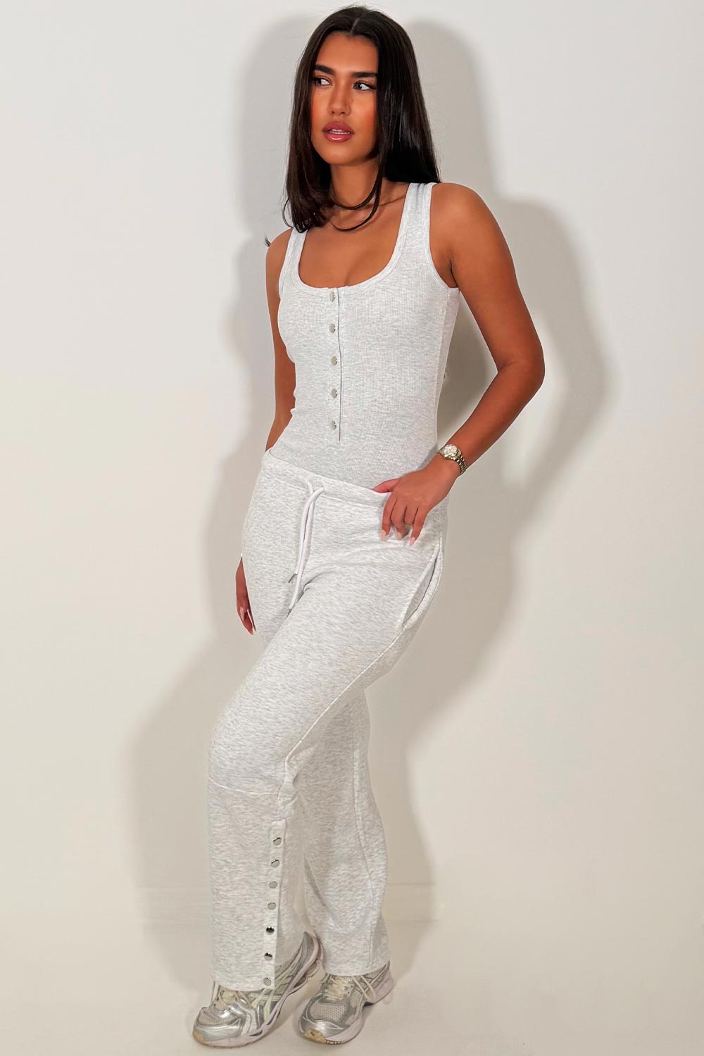 wide leg joggers and ribbed bodysuit top lounge set for womens casual use in grey marl colour styledup