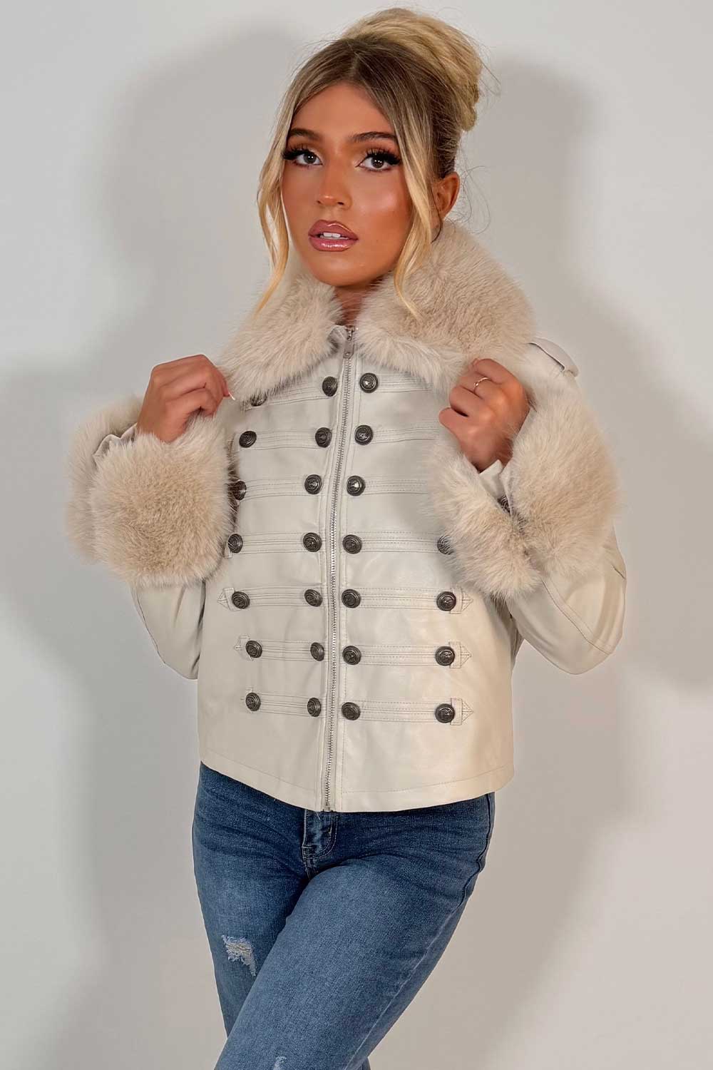 faux fur cuff faux fur collar faux leather jacket with buttons styledup uk