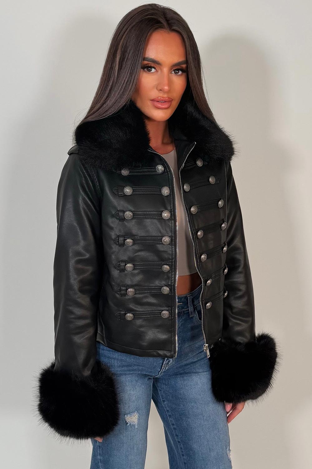 womens black faux collar faux fur cuff faux leather jacket military styledup uk
