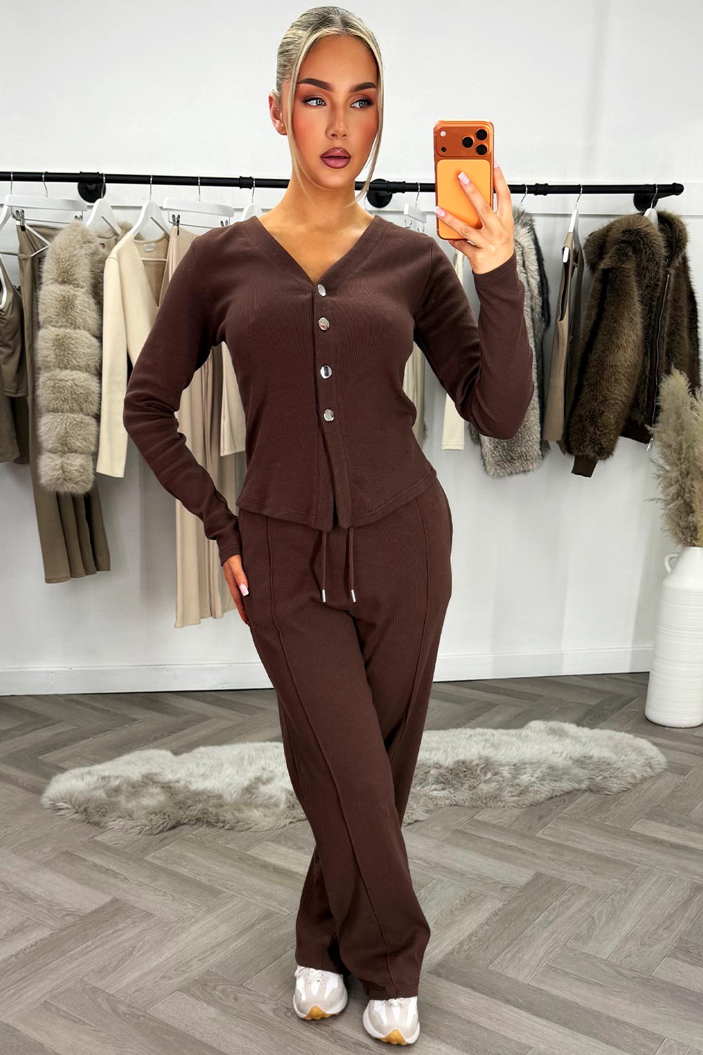 womens button long sleeve top and wide leg trousers co ord set brown casual day to night outfit for womens styledup