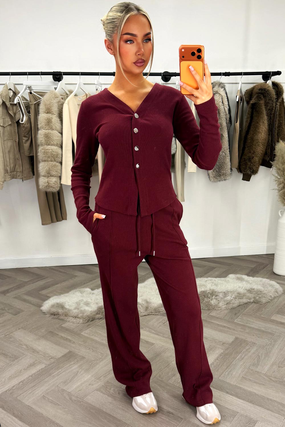 wide leg trouser and long sleeve button top co ord set burgundy lounge set styledup