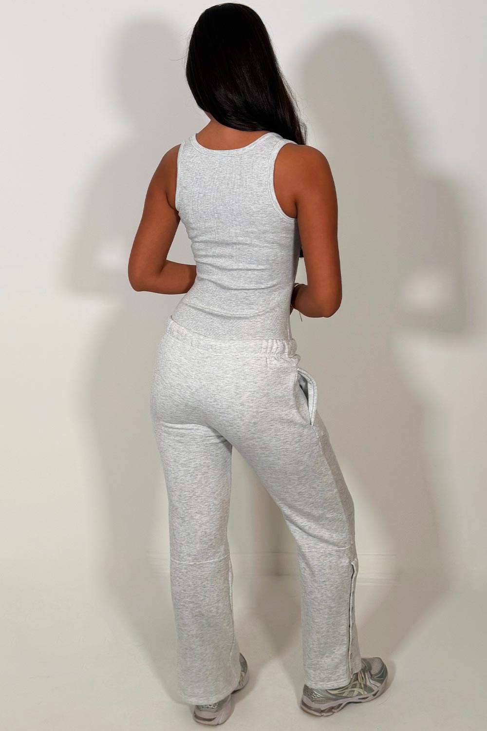 womens loungewear set grey marl wide leg joggers and ribbed bodysuit top tracksuit airport outfit