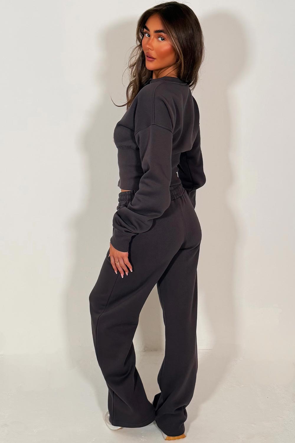 womens crop compress waist button up sweatshirt and wide leg jogger two piece tracksuit set loungewear charcoal co ord