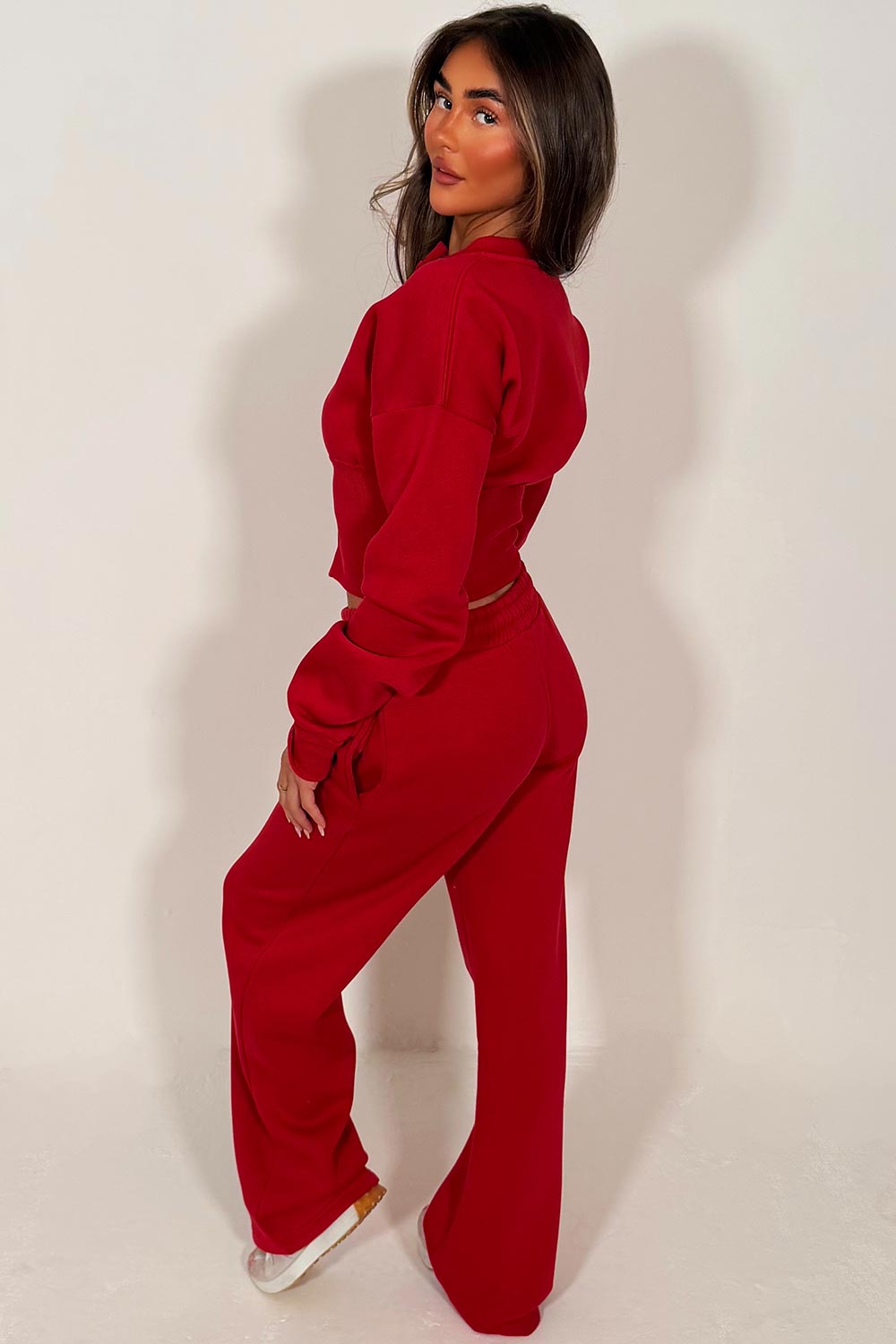 crop compress waist button up sweatshirt and wide leg jogger crop tracksuit loungewear co ord