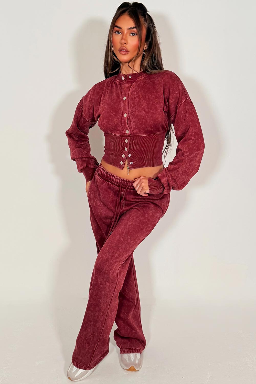 crop compress waist button up sweatshirt and wide leg jogger acid wash tracksuit set loungewear co ord