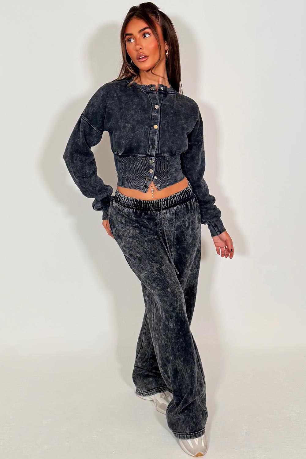 womens crop compress waist button up sweatshirt and wide leg jogger two piece tracksuit acid wash set loungewear co ord