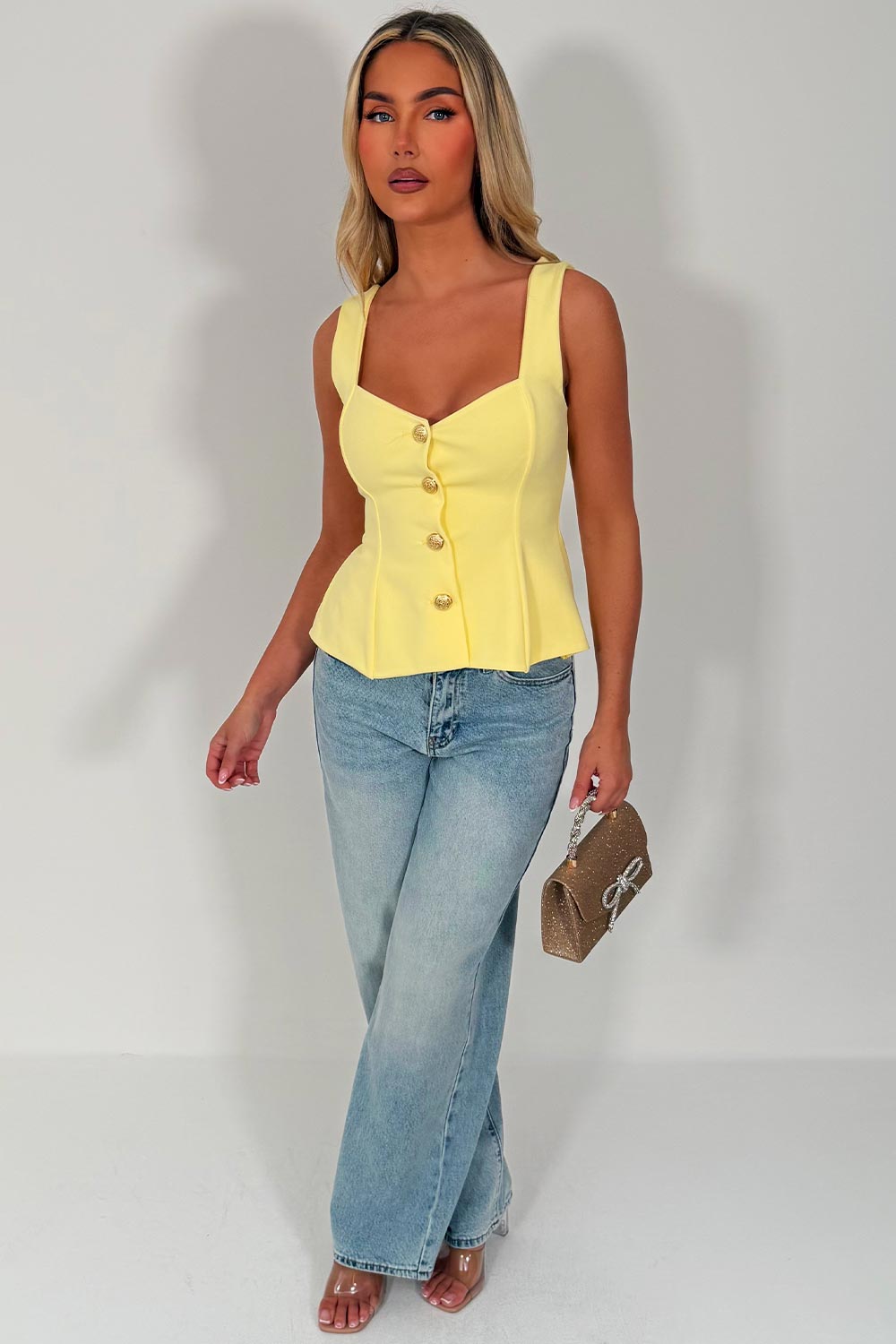 going out gold button peplum hem top styledup