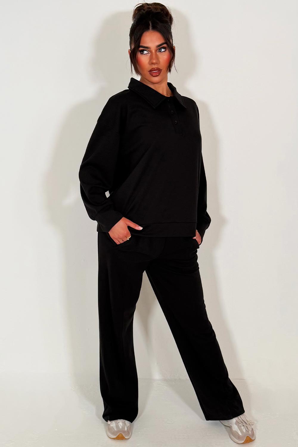 loungewear womens half button up front collared sweatshirt and joggers set airport outfit styledup