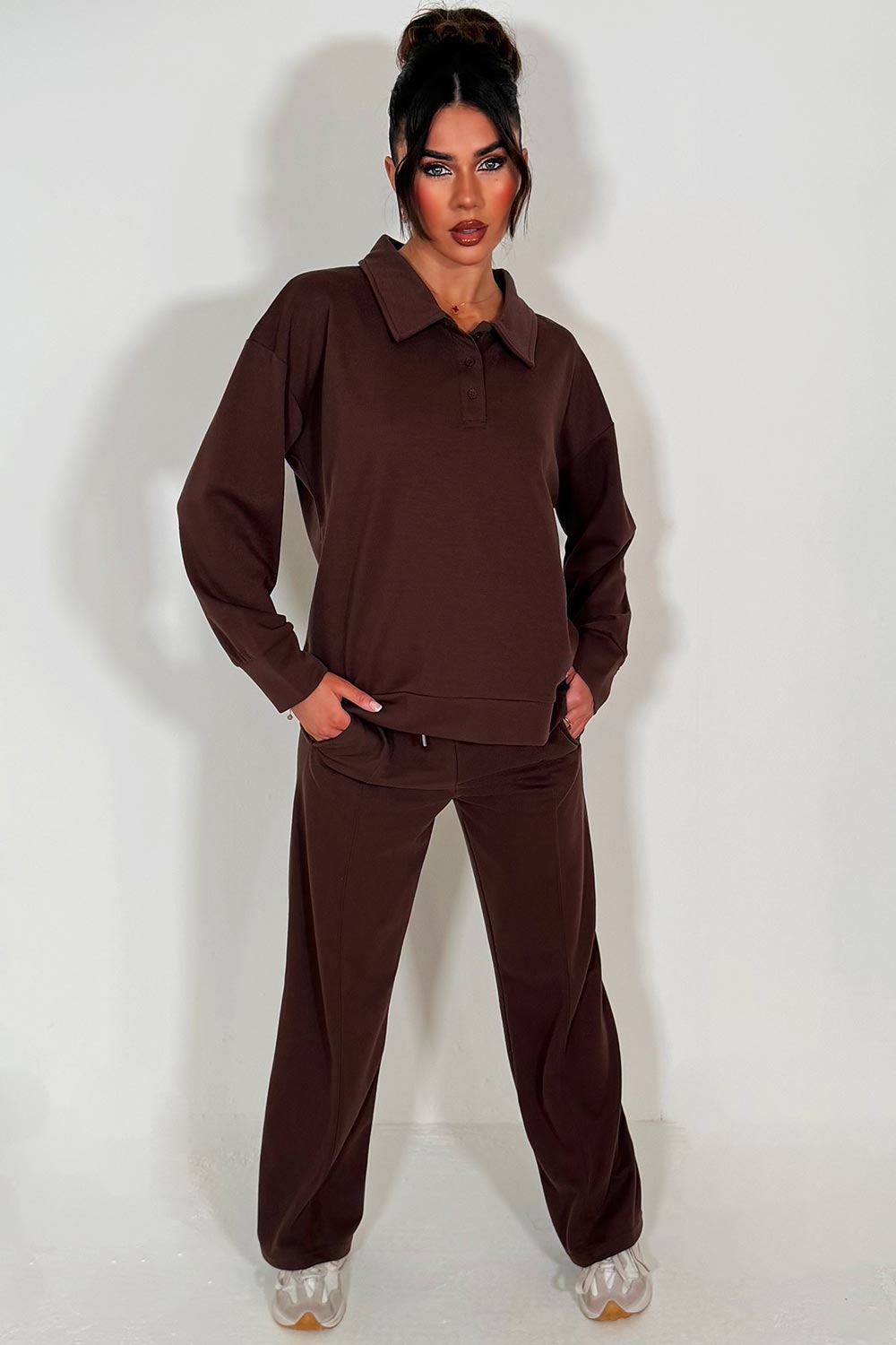 womens half button up front collared sweatshirt and joggers loungewear co ord airport outfit