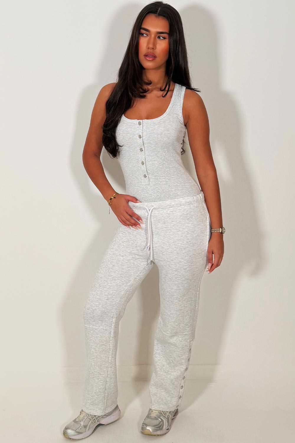 womens grey marl wide leg joggers and ribbed top two piece loungewear co ord airport outfit casual daily outfits