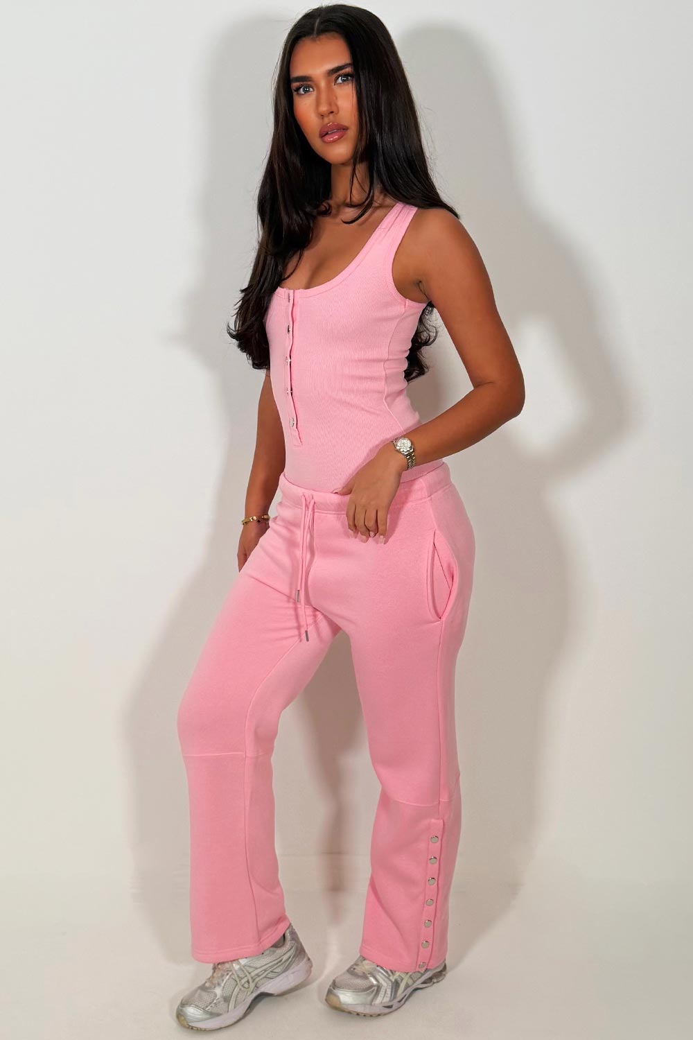 womens wide leg joggers and top two piece loungewear co ord set casual outfit for uni college work in pink colour