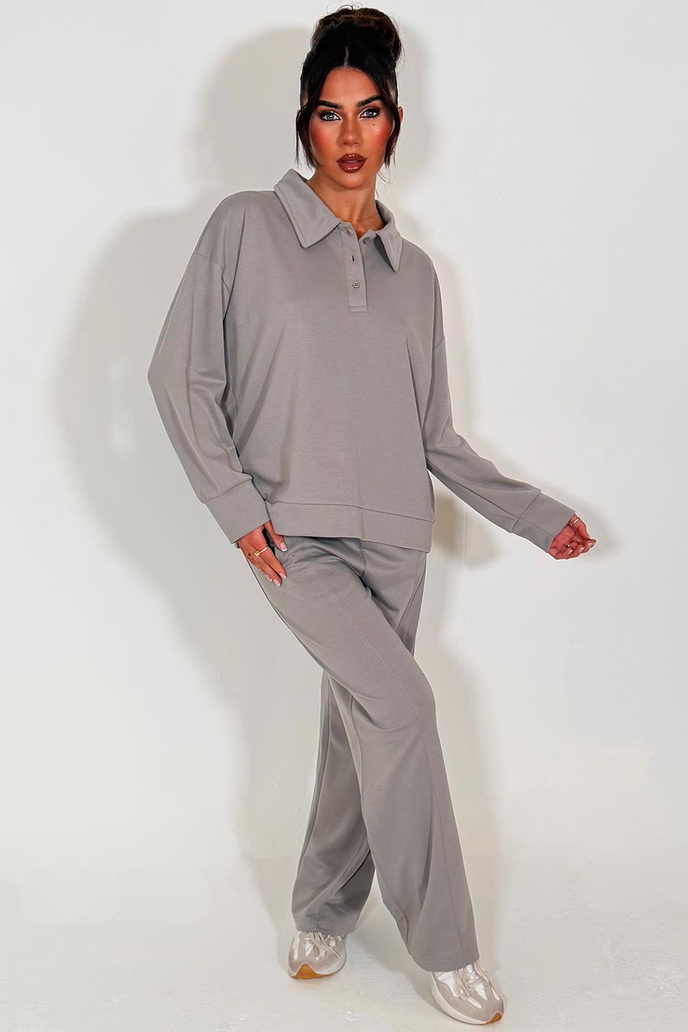 loungewear womens half button up front collared sweatshirt and joggers set airport outfit styledup