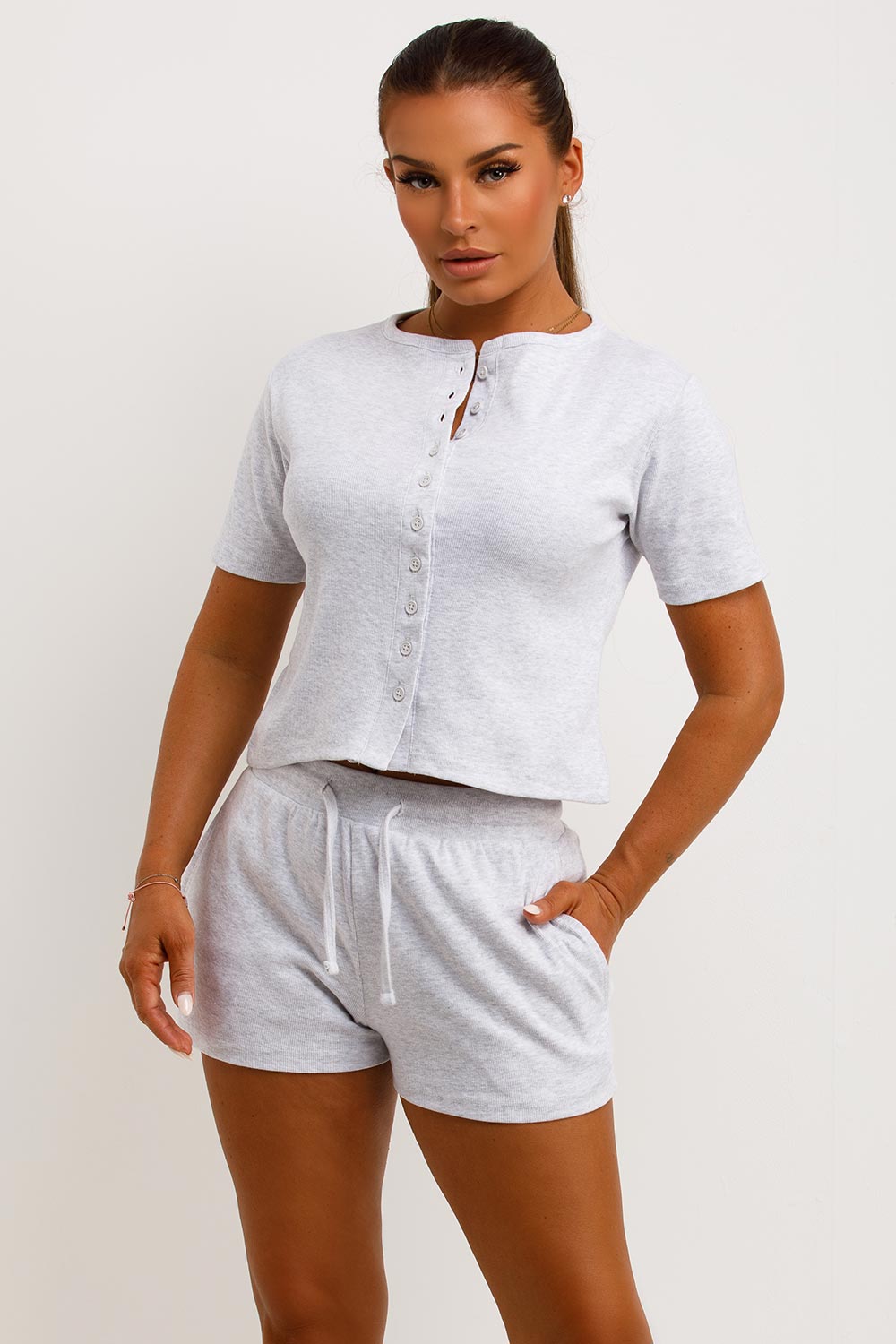 rib button up top and shorts tracksuit loungewear set zara