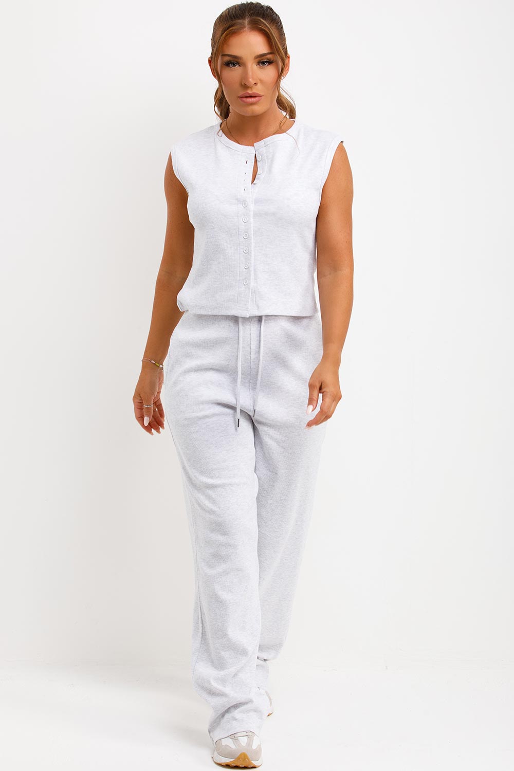 button up sleeveless top and trousers two piece co ord womens airport outfit set styledup