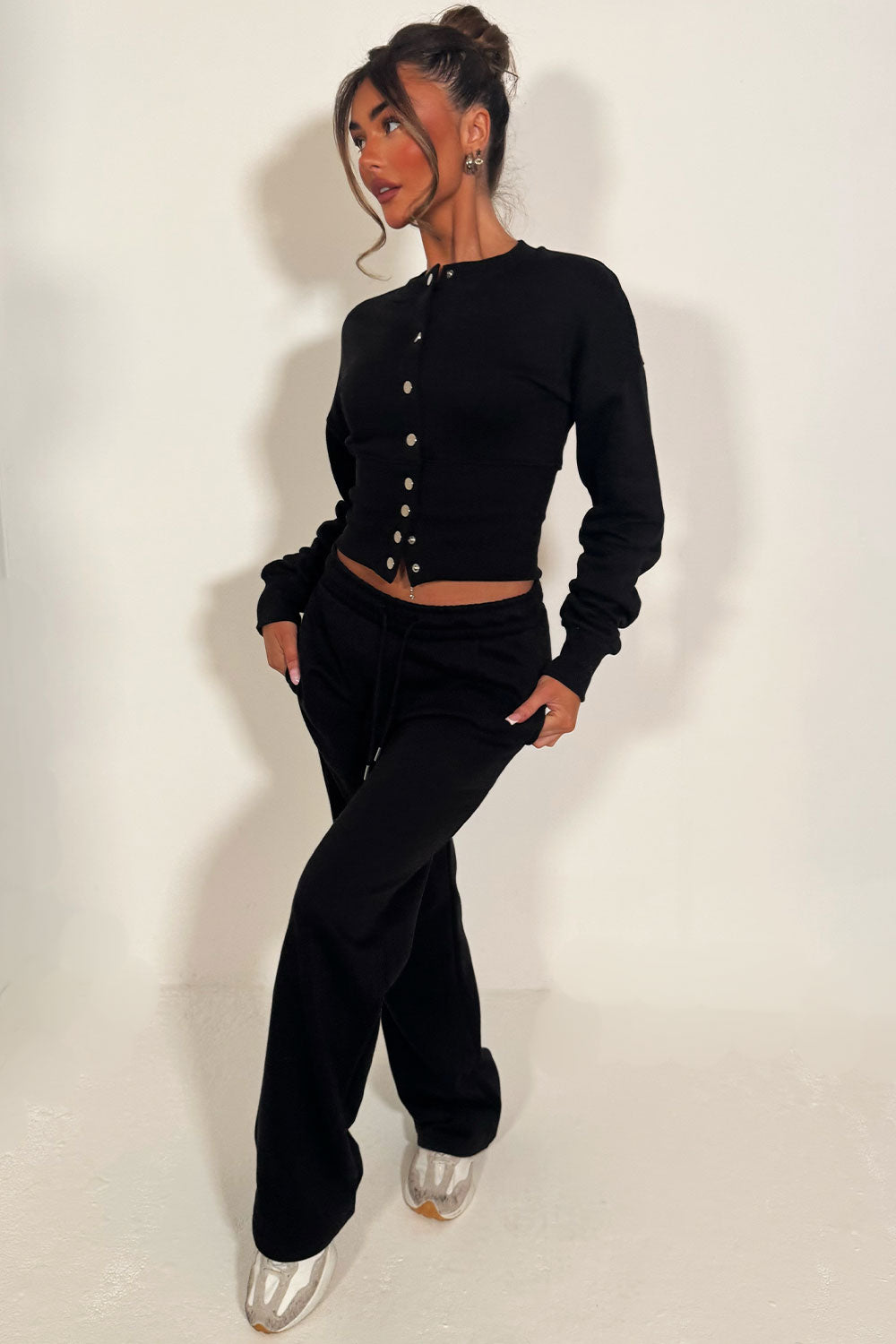 womens crop compress waist button up sweatshirt and wide leg jogger two piece tracksuit set loungewear co ord