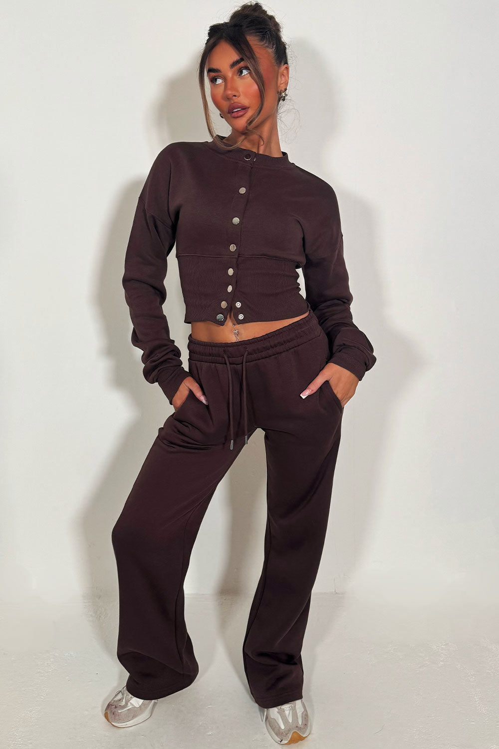 womens button up compress waist crop tracksuit styledup airport outfit travelling clothes styledup