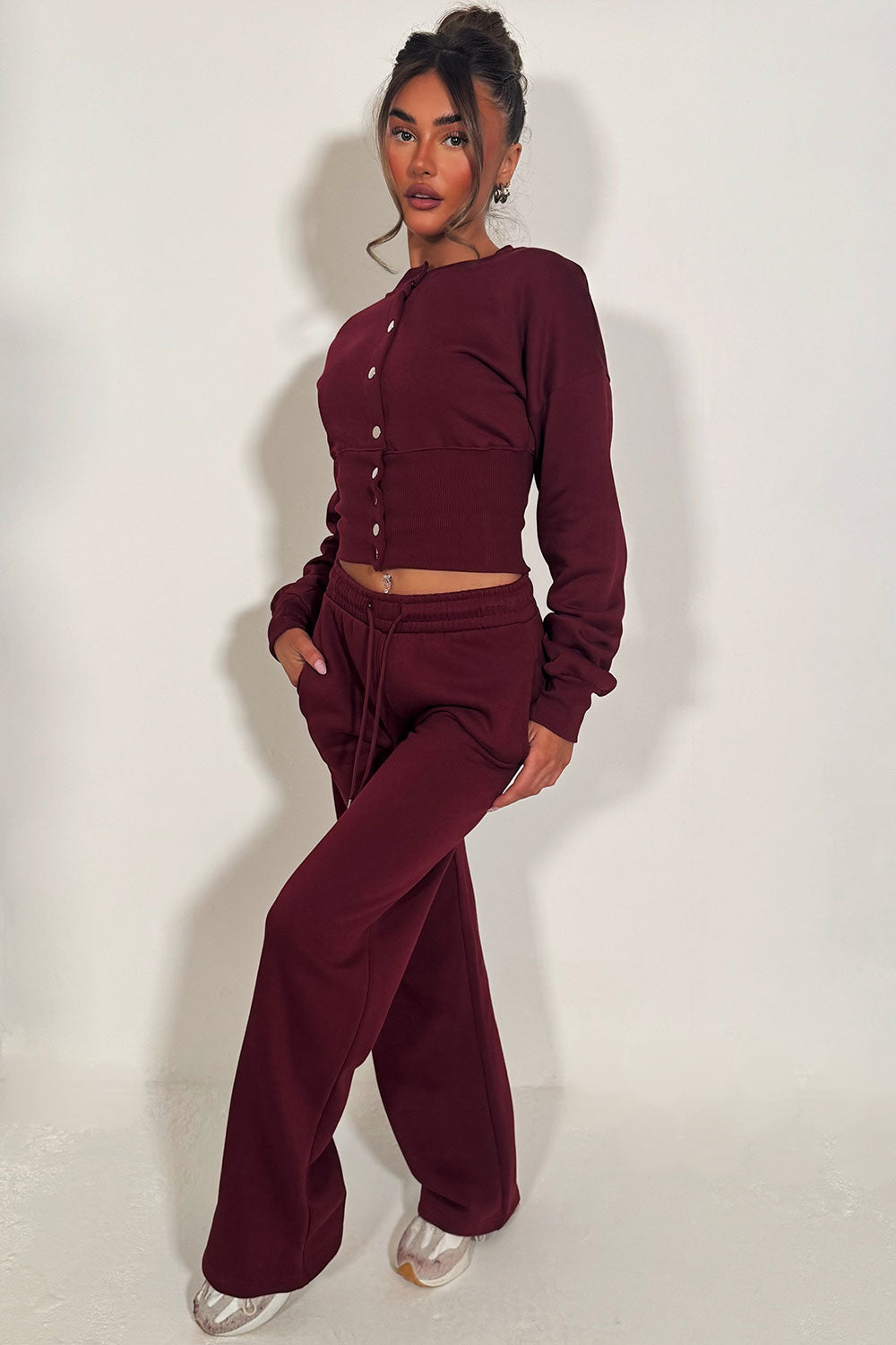 womens crop compress waist button up sweatshirt and wide leg jogger two piece tracksuit set loungewear co ord
