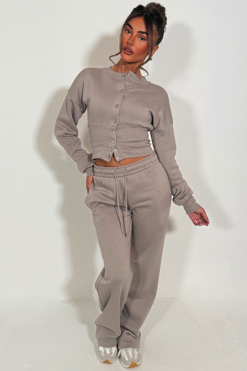 womens crop compress waist button up sweatshirt and wide leg jogger two piece tracksuit set loungewear co ord