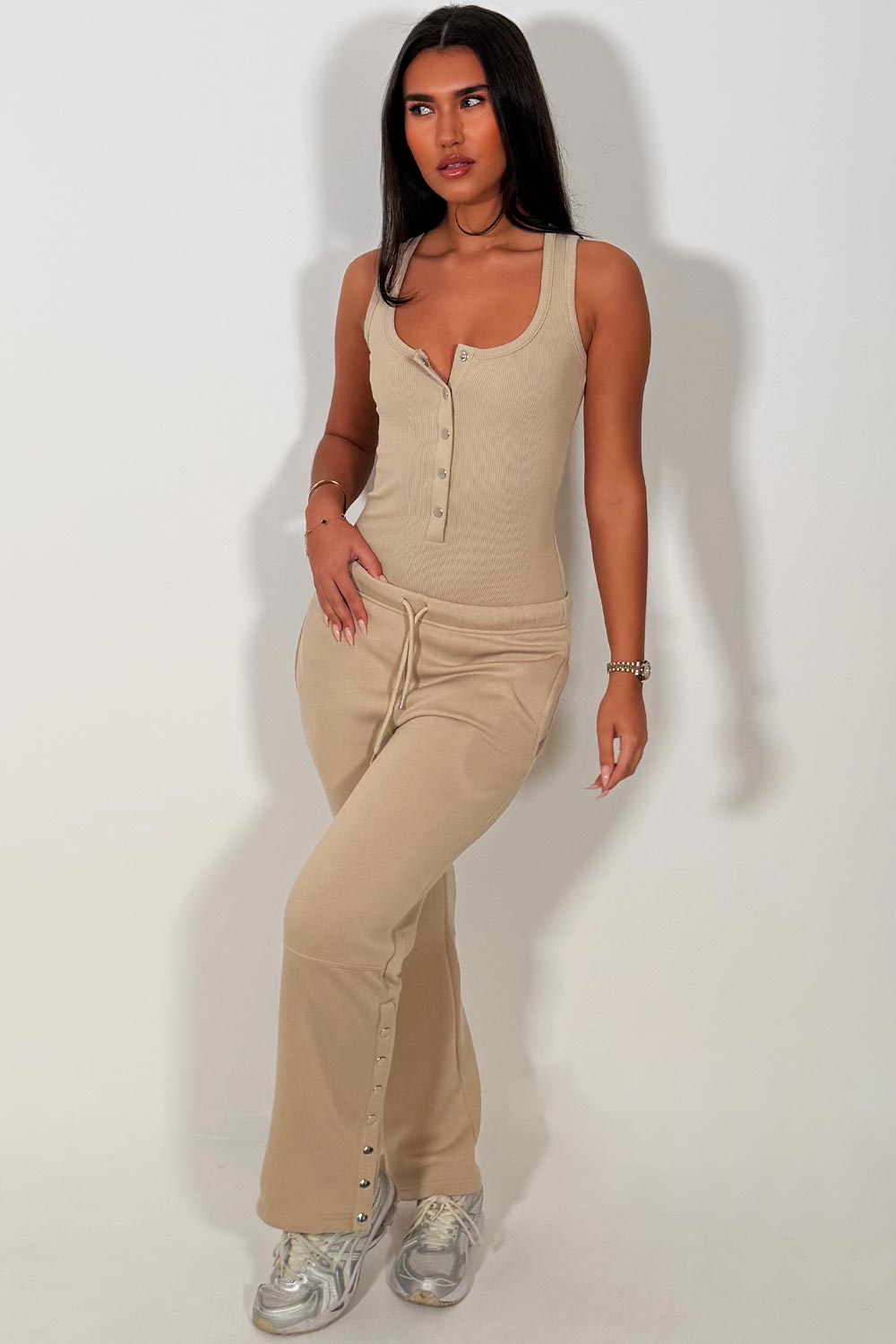 womens button up detail top and wide leg joggers two piece lounge set beige styledup