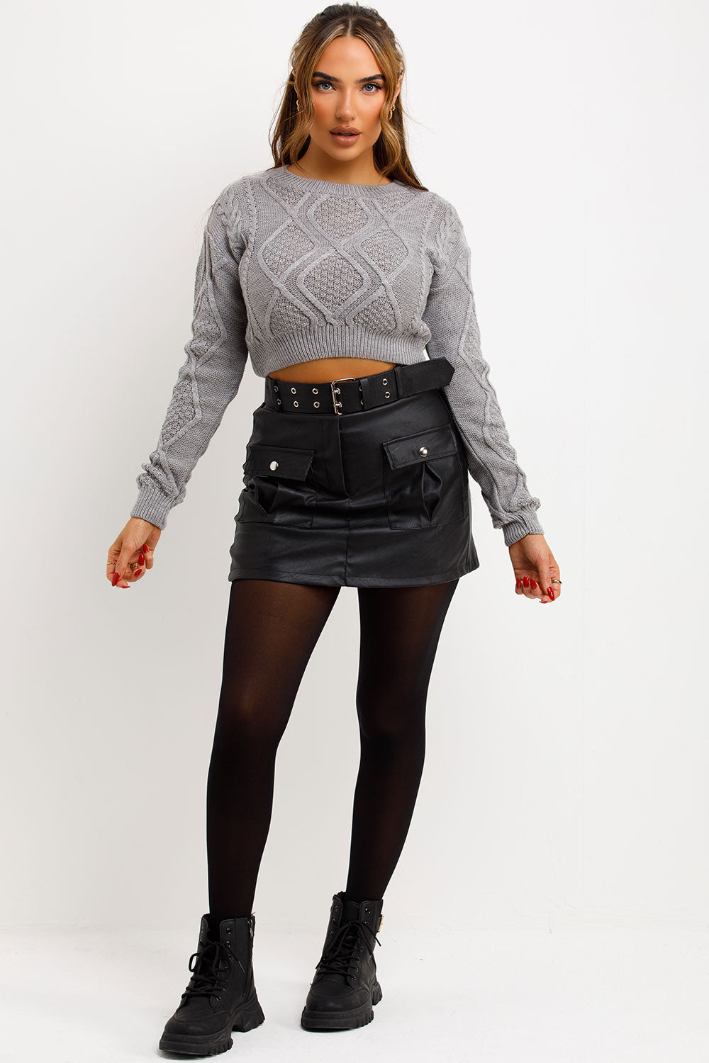 white cable knit jumper cropped long sleeve knitted top