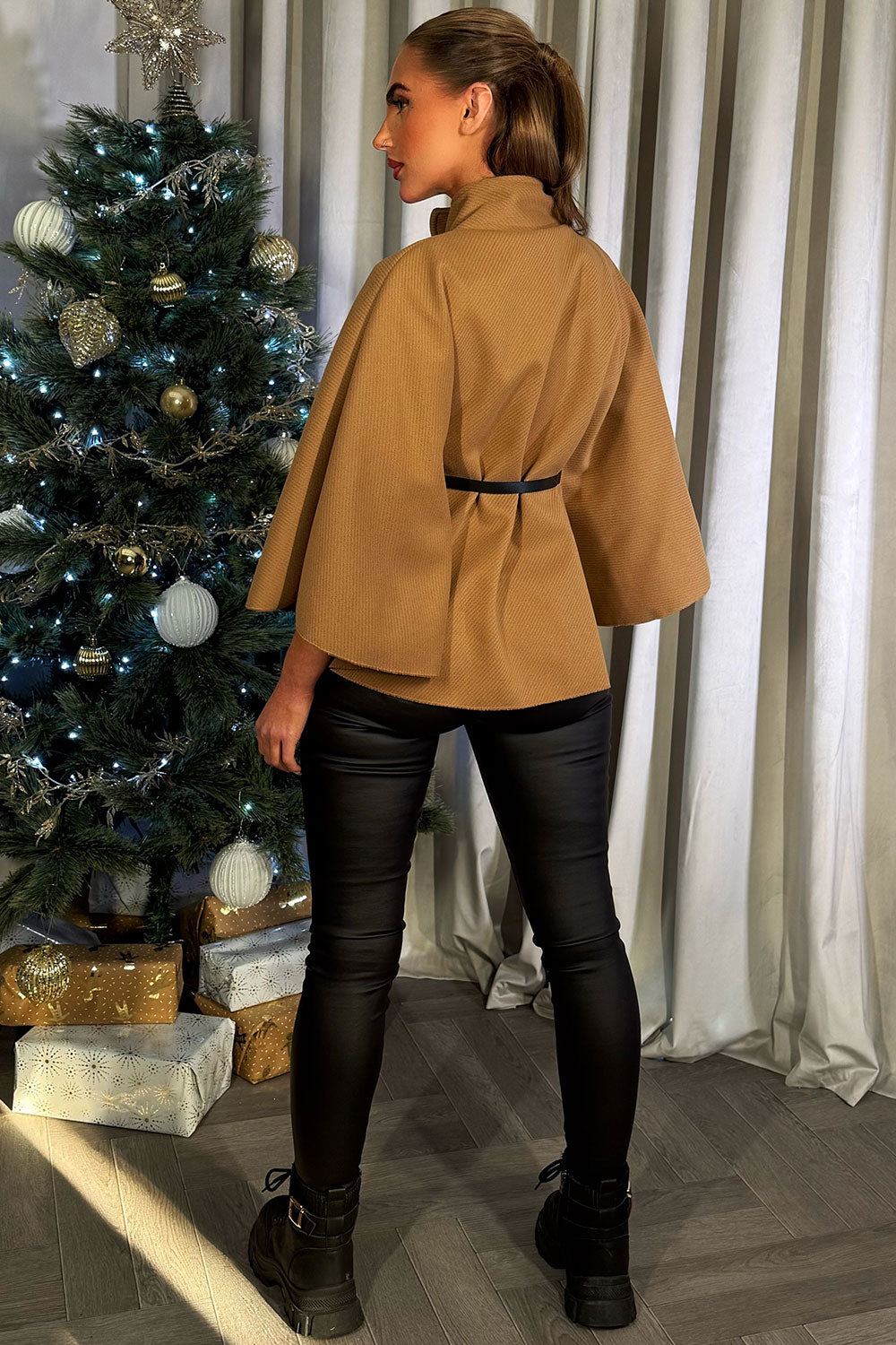 tan poncho cape with belt women's