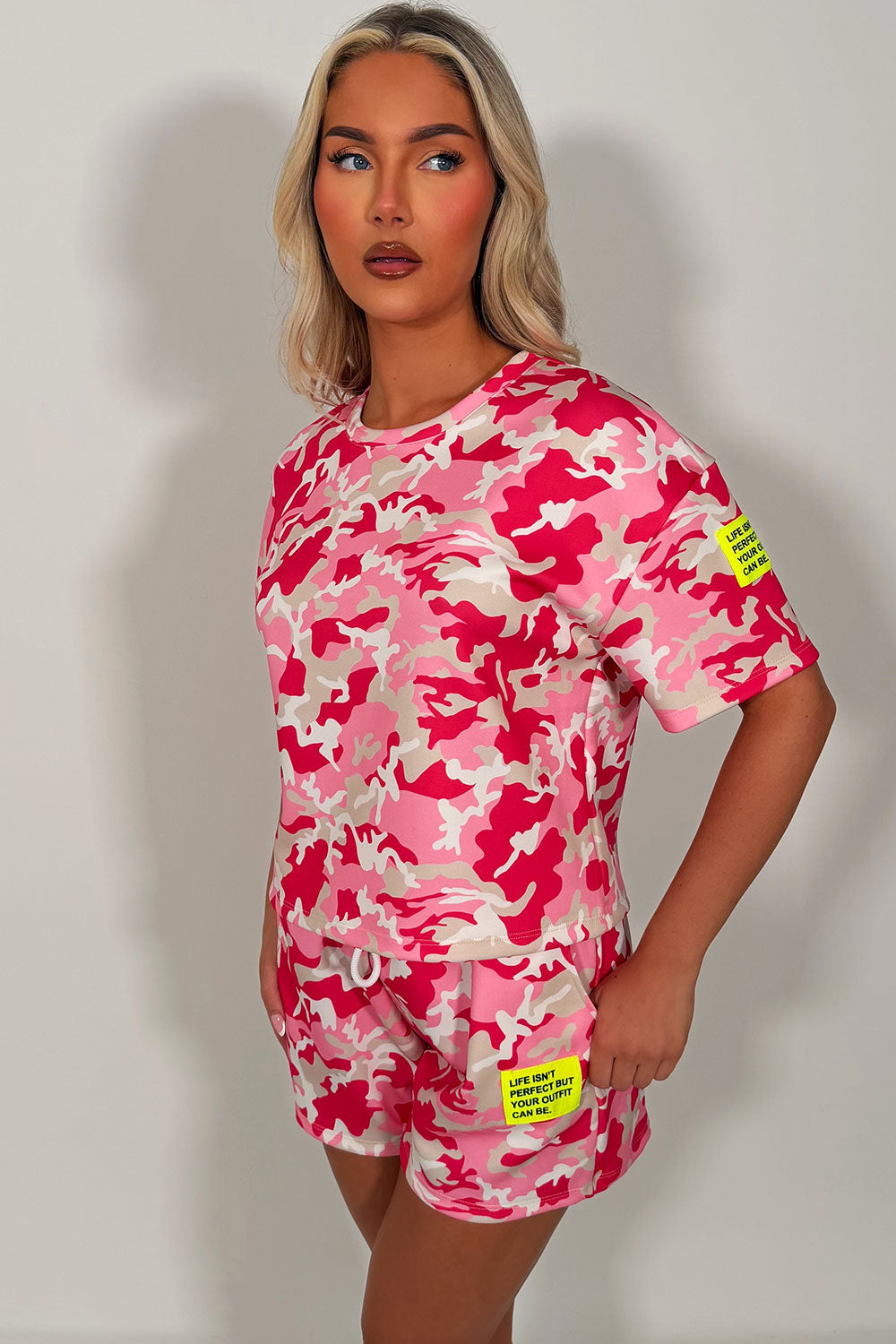 pink camo short sleeve t shirt and shorts co ord set styledup uk