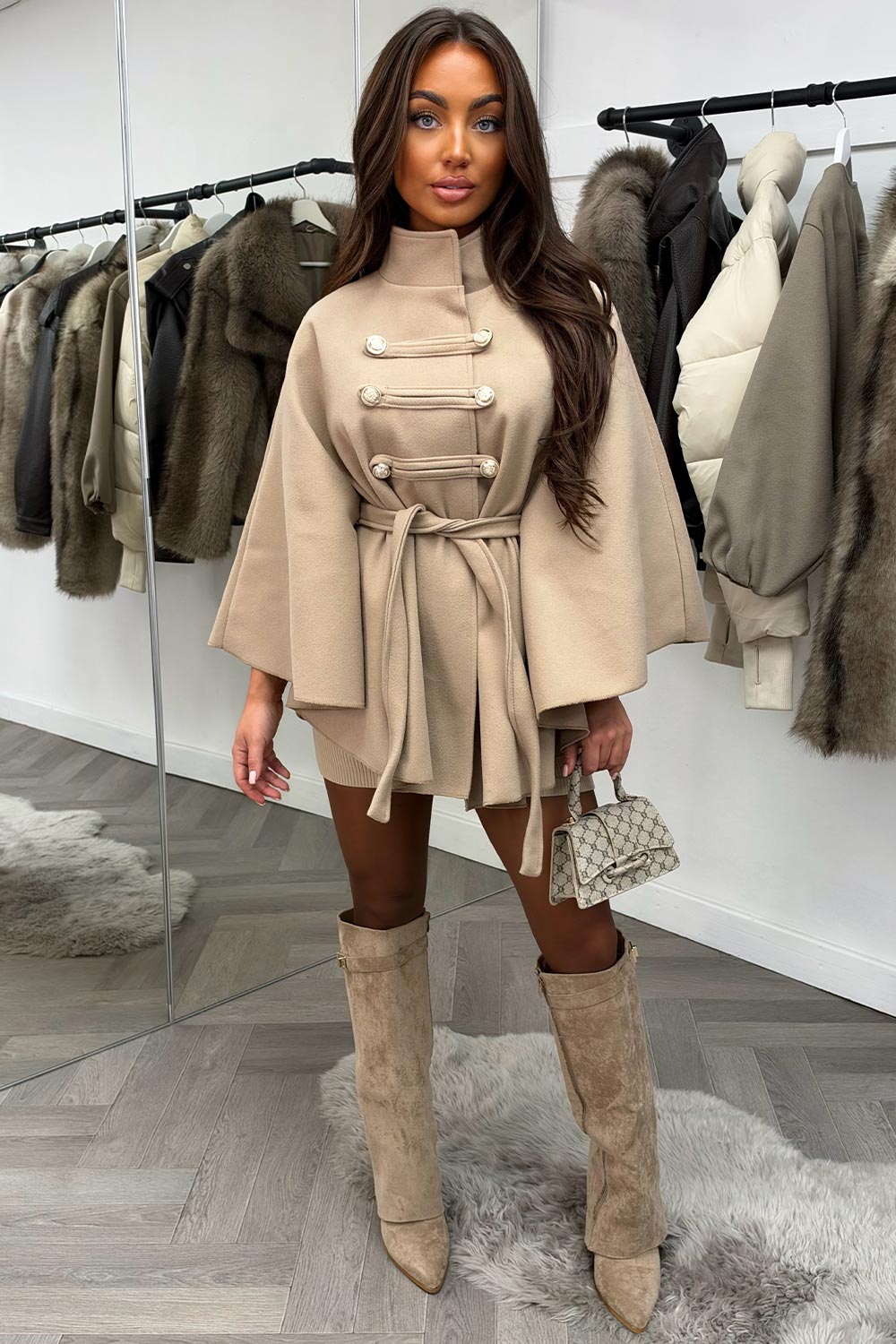 taupe cape with belt and button fastening christmas day outfit styledup