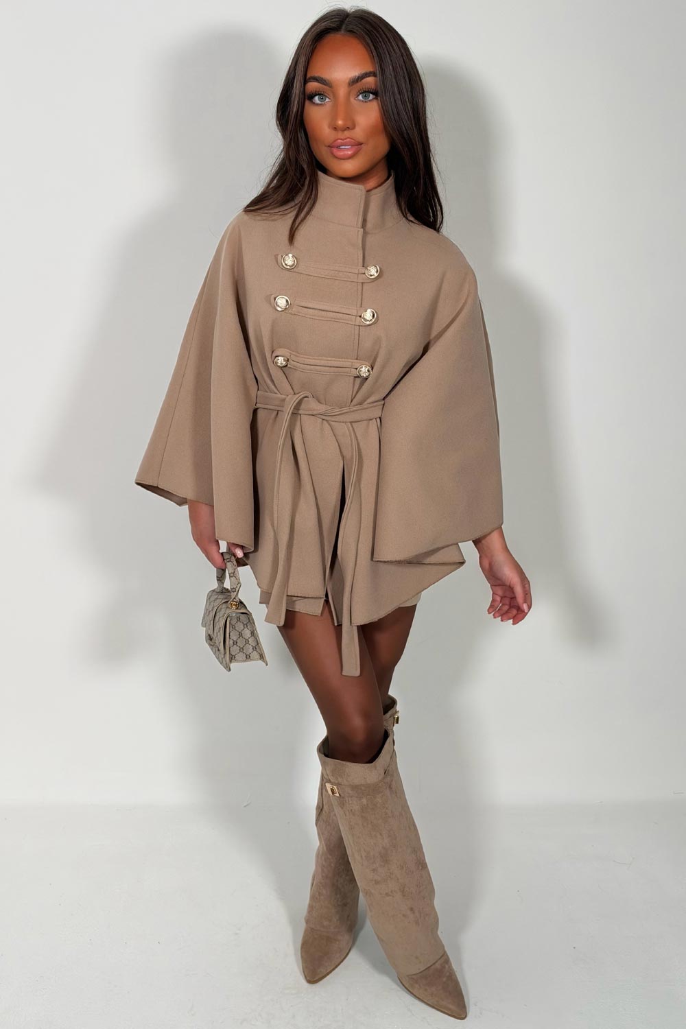 womens taupe cape with belt christmas day outfit