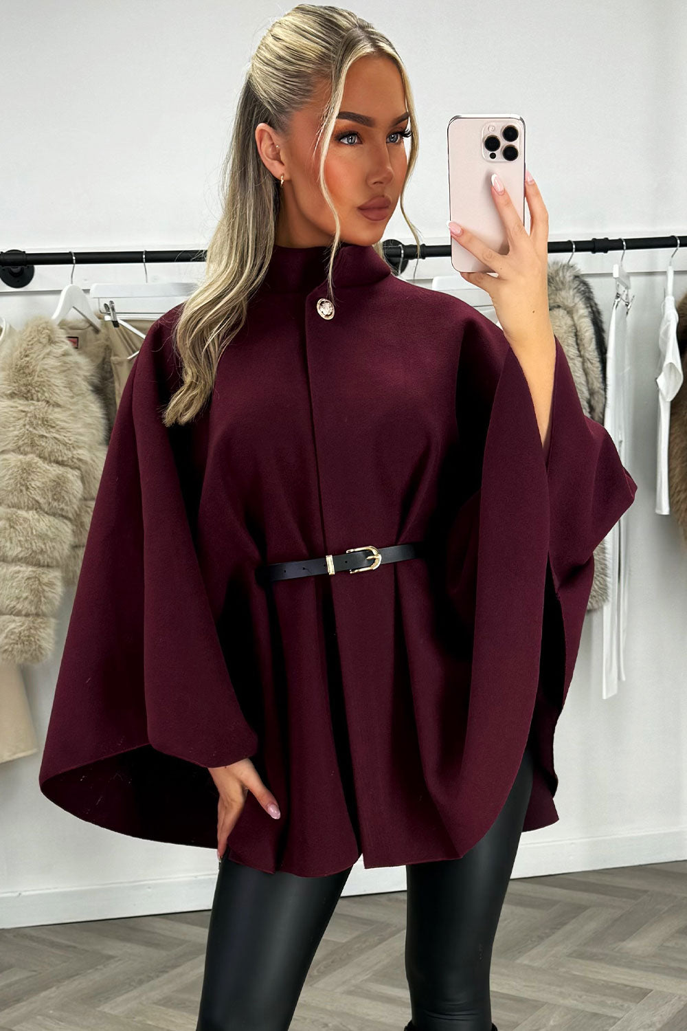 cape with belt and button fastening christmas day outfit