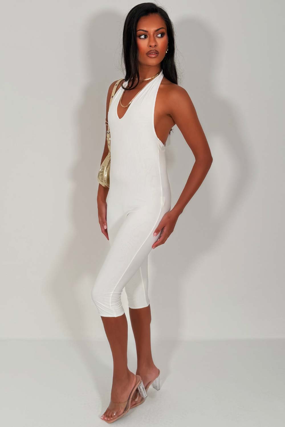 going out backless capri jumpsuit white